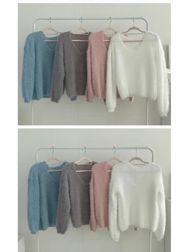 V-neck Solid Color Women's Knit Pullover - Imitation Mink Velvet, Loose Fit for Autumn & Winter