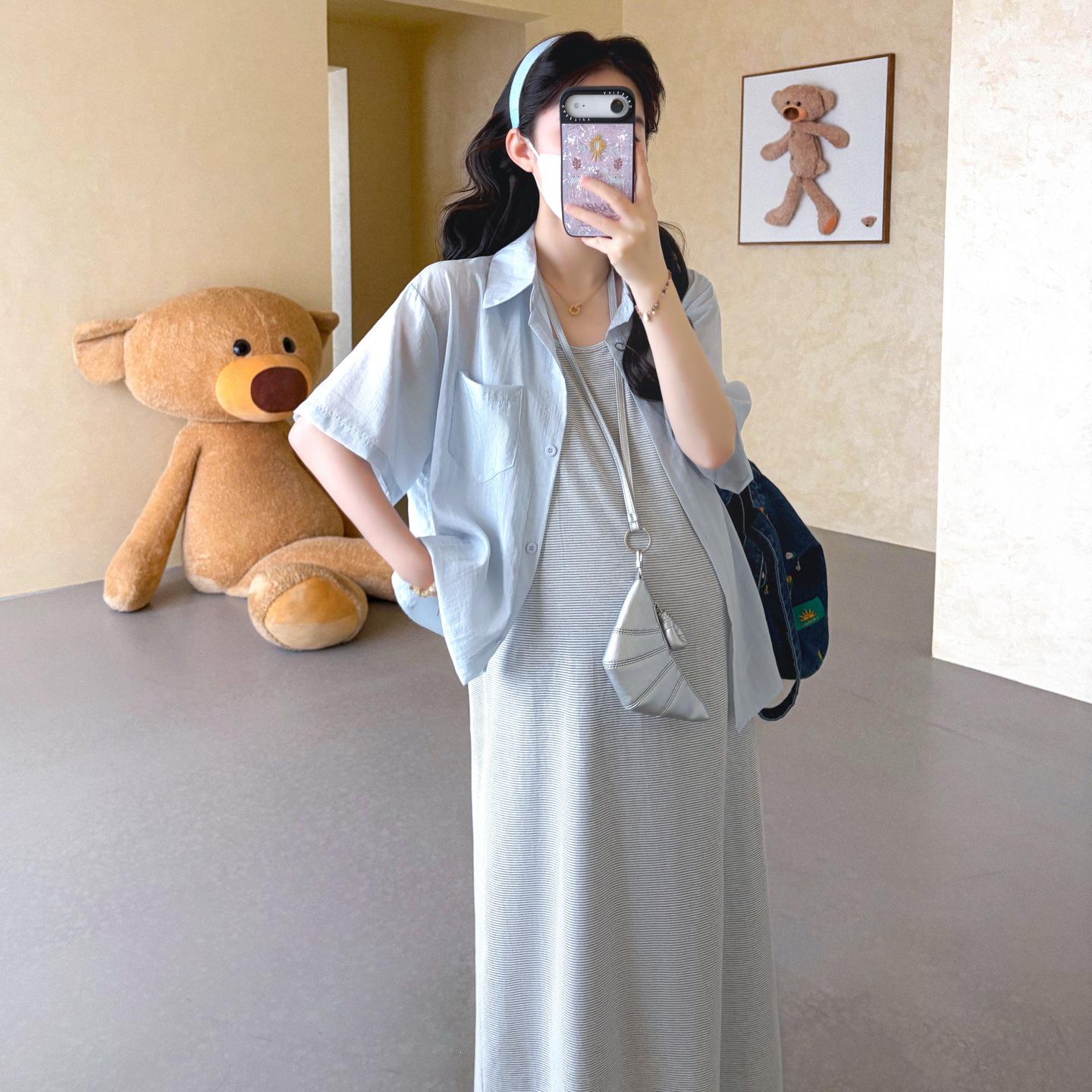 2026 Summer Striped Maternity Vest Dress & Mid-Sleeve Sun Protection Shirt Set - Slimming, Loose, Ice Cool M