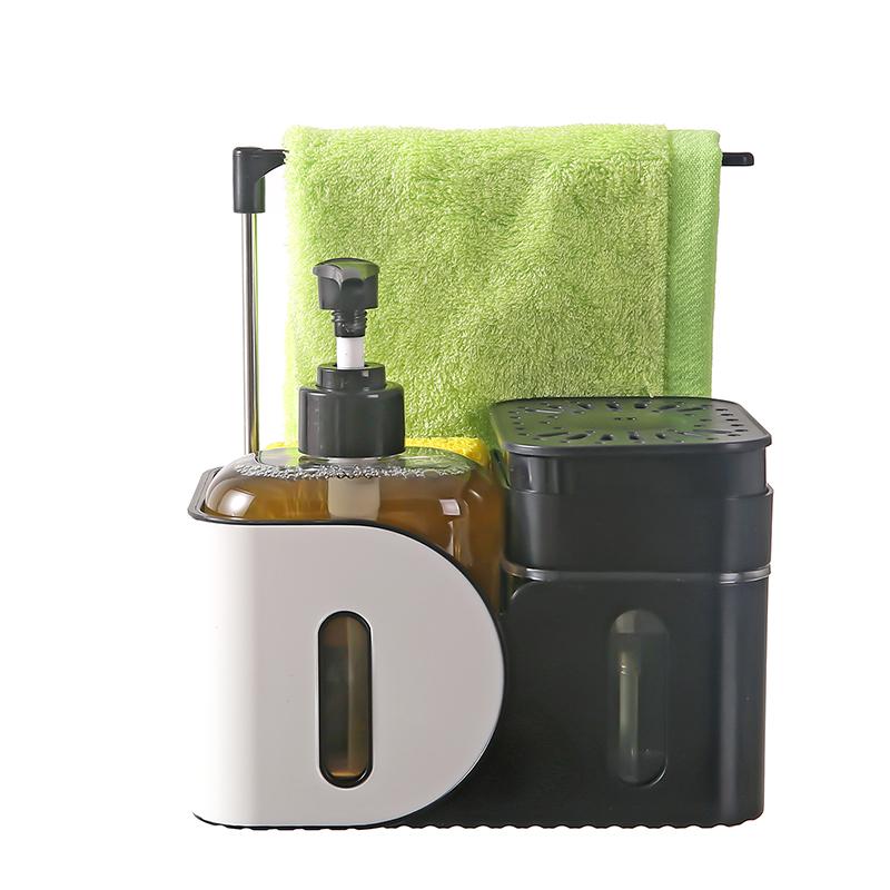 Kitchen Soap Dispenser Set, 4-in-1 Dual Hand and Dish Soap Dispenser with Sponge Holder and Dishcloth Holder for Kitchen Sink