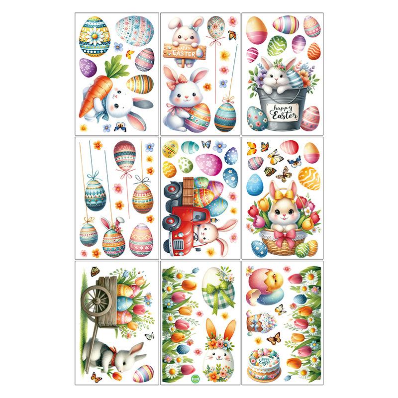 9 Sheets Cute Rabbits Easter Window Stickers PVC Electrostatic Bunny Home Decor Glass Decals Reusable Easter Party Decorations