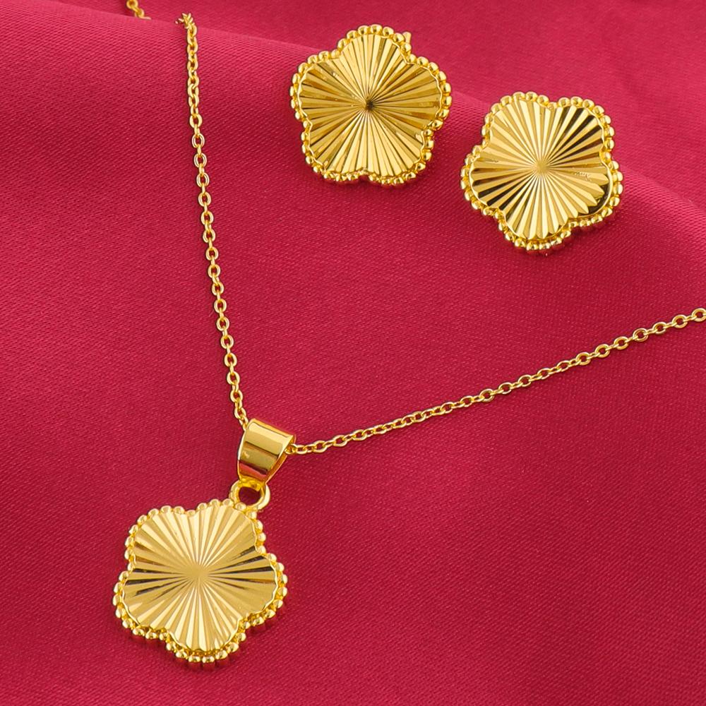 Golden Color Choker Stainless Steel Pendant Necklace Earrings for Women Flower Pendants Women's Fashion Jewelry Accessories