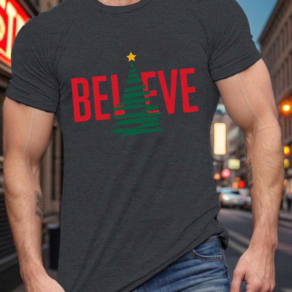 Believe Christmas Tree Graphic Mens Cotton TShirt Casual Short Sleeve Round Neck Tee