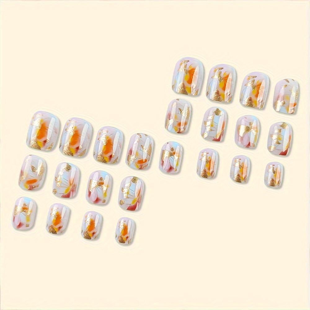 24 Pcs Reusable Pink Floral Glossy Square Short Press-On Nails with Golden Glitter Highlights for Women - False Nail Set