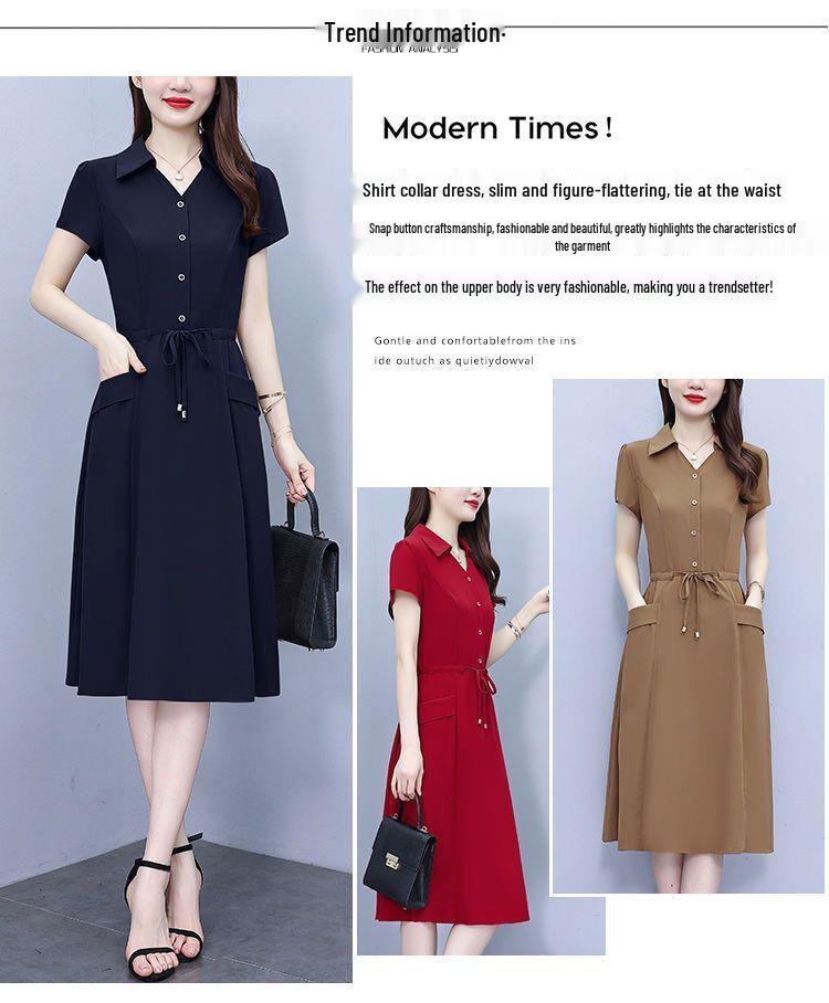 Elegant Plus-Size Short Sleeve Red Dress for Women - Waist-Slimming and Tummy-Covering Design for Middle-Aged and Elderly Ladies