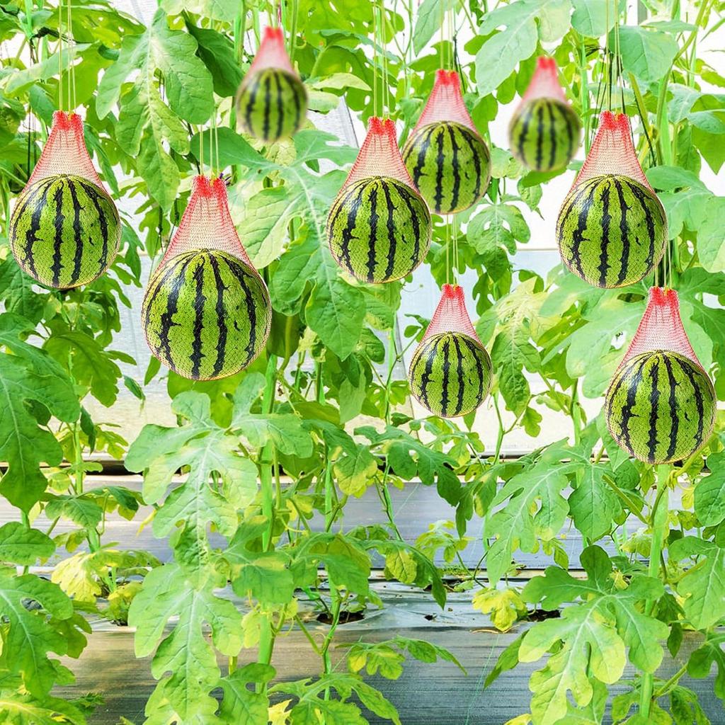 100 PCS Watermelon Nets, 18 Inches Melon Hammock Red Onion Mesh Bags, Reusable Cantaloupes Hanging Mesh Bag with Drawstring for Trellis Vertical