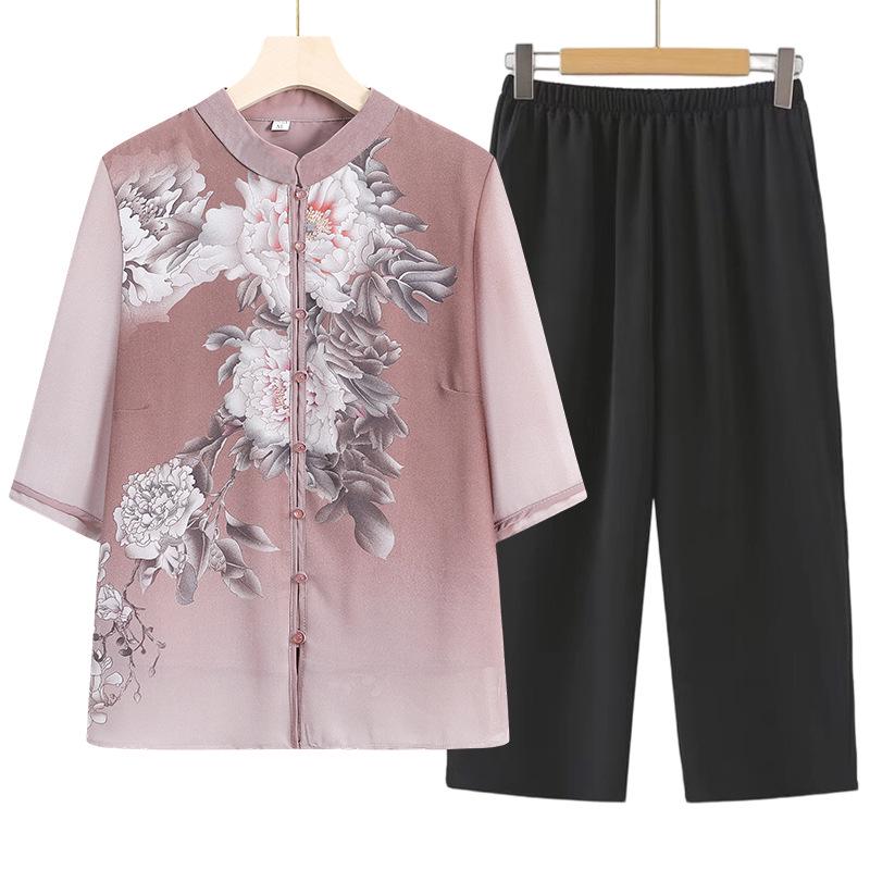 Summer Style Chiffon Cardigan for Elderly Mothers - Mid-Sleeve Chinese Design