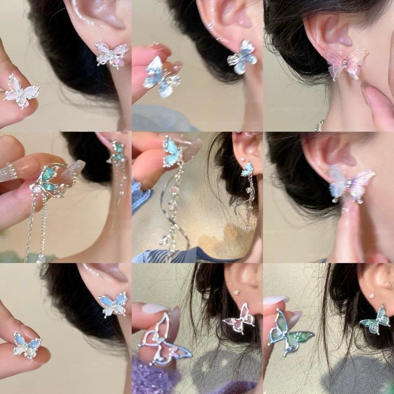 Silver needles small fresh gradual change artificial crystal butterfly stud earrings ear buckle explosion atmosphere flower earrings earrings women