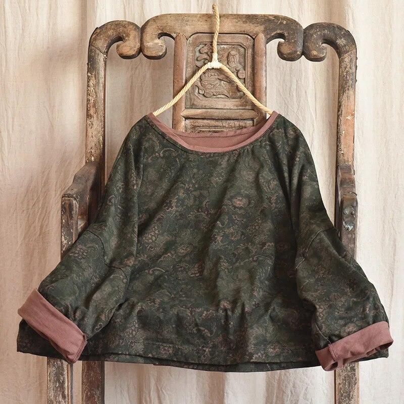 

Johnature женские хлопковые льняные винтажные футболки с цветочным принтом, весенние футболки с круглым вырезом и длинными рукавами, женские футболки в китайском стиле One Size зелёный