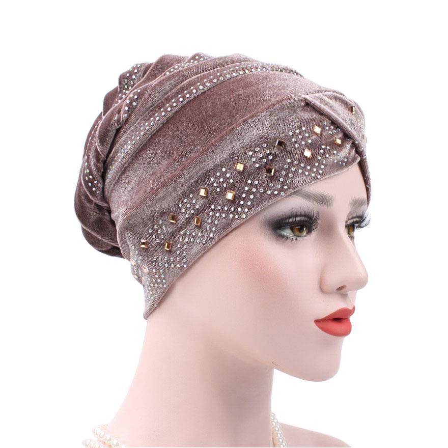 

Gold Velvet Rhinestone Head Wrap: Foldable Slouchy Beanie Hijab Adjustable