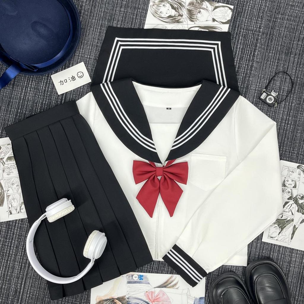 Japanese Academy-Style Sailor Suit: Black Collar, White Stripes, Mid-Length JK Uniform Costume Set