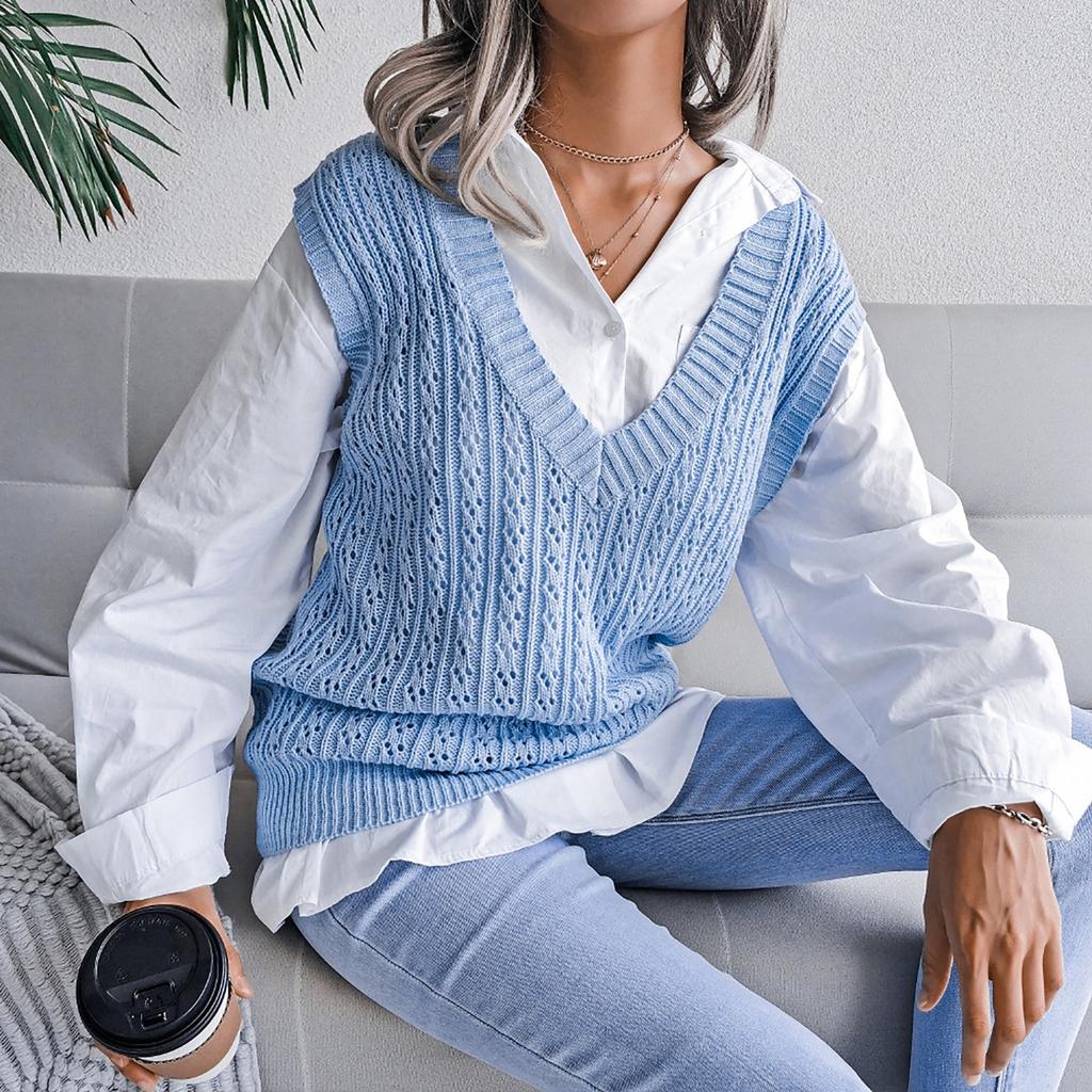 College Casual Loose Knit Vest Fashion Women's Hollow V-neck Sweater