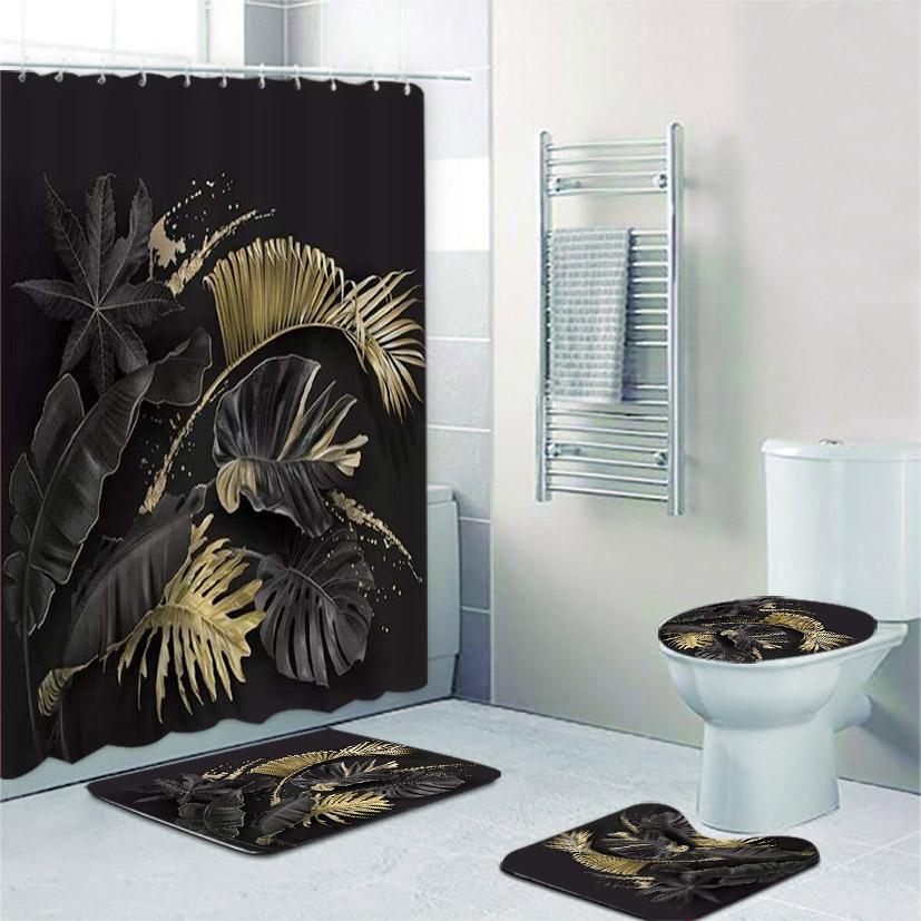Black And Gold Tropical Plant Palm Leaf Bathroom Shower Curtain Set For Bathtub Exotic Leaves Bath Mats Rugs Toilet Home Decor