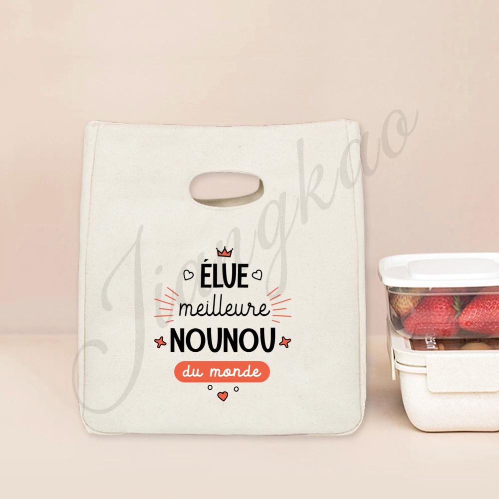 Beste Nanny der Welt Aufdruck Lunchtasche Tragbar Isoliert Canvas Kühltasche Bento Tasche Thermisch Lebensmittelaufbewahrungstaschen Geschenk für Nounou