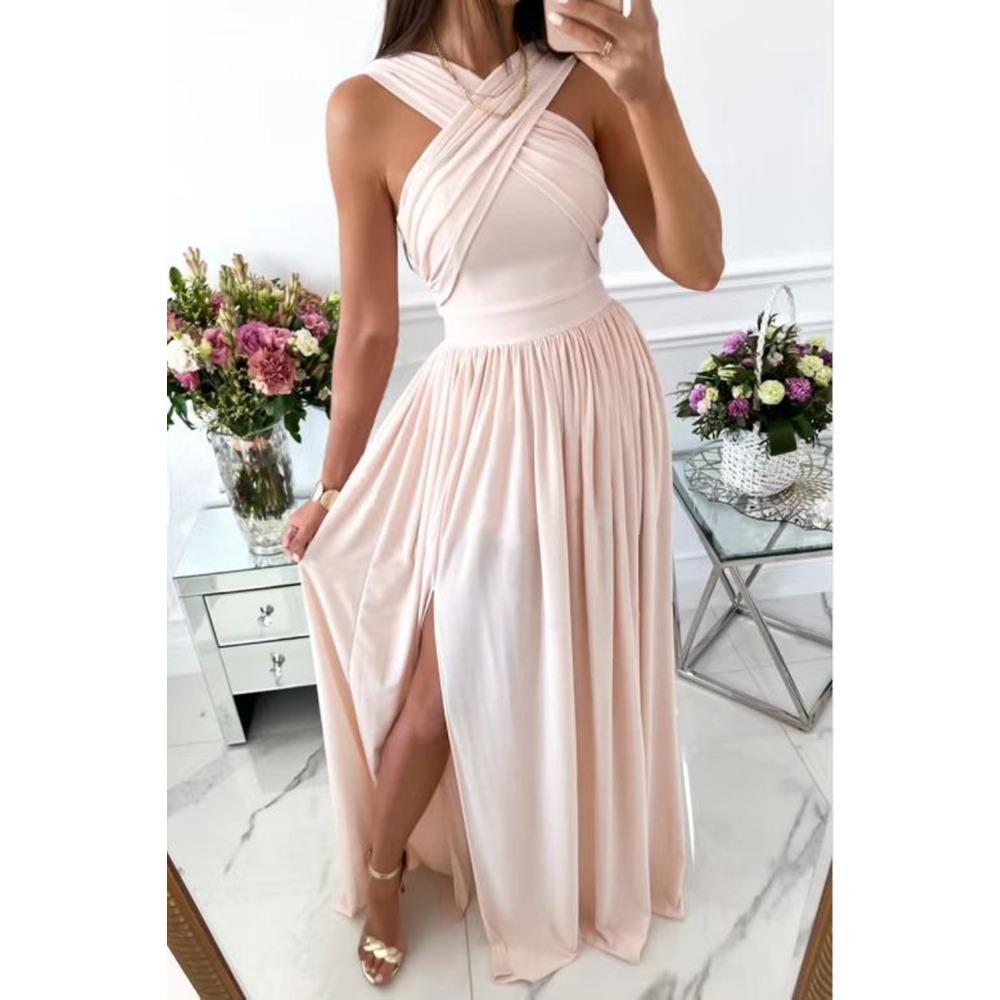 Summer Women's Sleeveless Hanging Neck Backless Hem Split Dresses