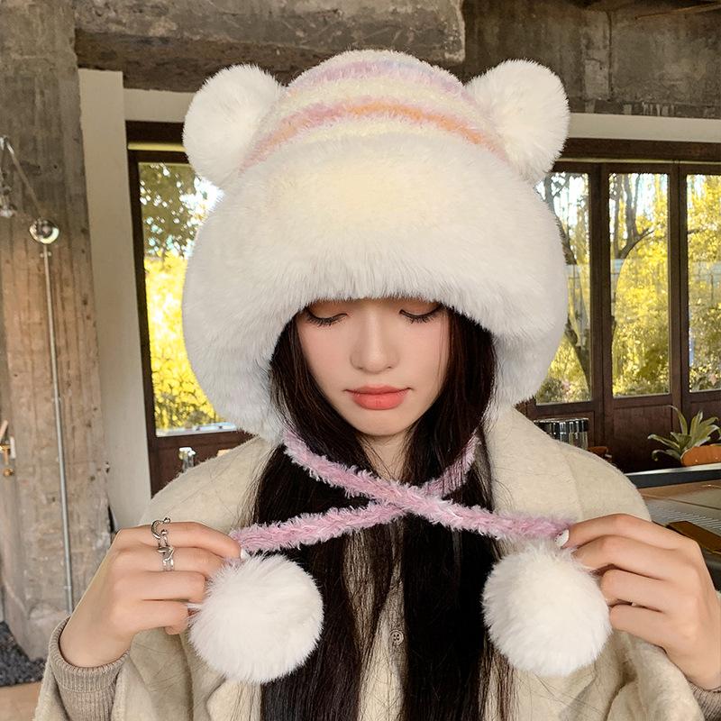 

Winter plush hairball cap children windproof and cold protection ear protection face small pullover hat outdoor warmth