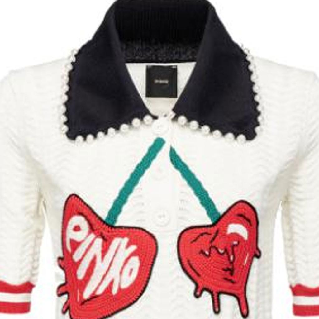PINKO Cherry Embroidered Knitted Short Sleeve Polo Shirt Women tops White 100903-A0KU-Z6R