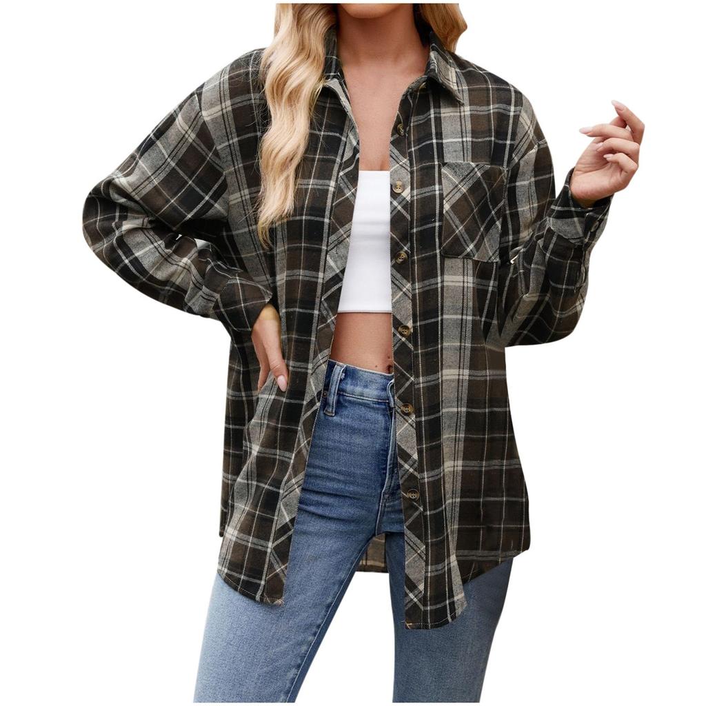 Camicia da donna con bottoni, ampia, a maniche lunghe, leggera, in flanella a quadri, giacca oversize, abbigliamento da donna alla moda 2024