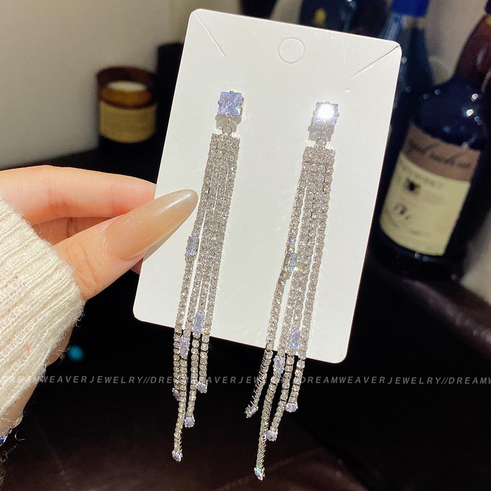 925 Sterling Silver Full Diamond Tassel Earrings – High-End European & American Style, Super Shiny, Luxurious Ear Jewelry for Women.