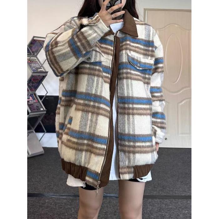 Women's Plaid Wool Coat - Loose, Casual, Versatile Jacket for Autumn/Winter 2024
