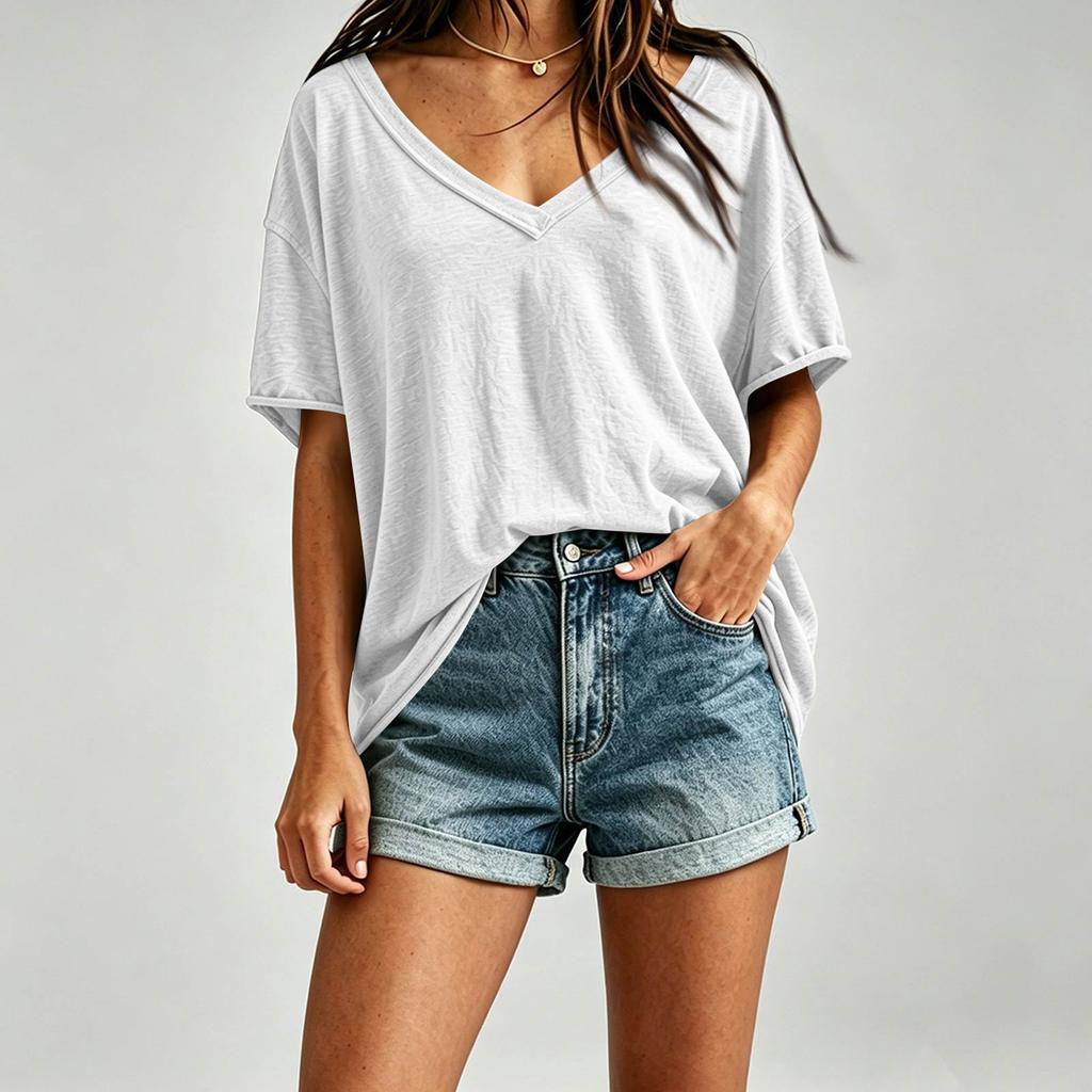 Women's Casual V Neck Loose Fit Plain Oversized Drop Shoulder Top Lightweight Soft Fabric Summer Tee Shirt for Everyday Wear