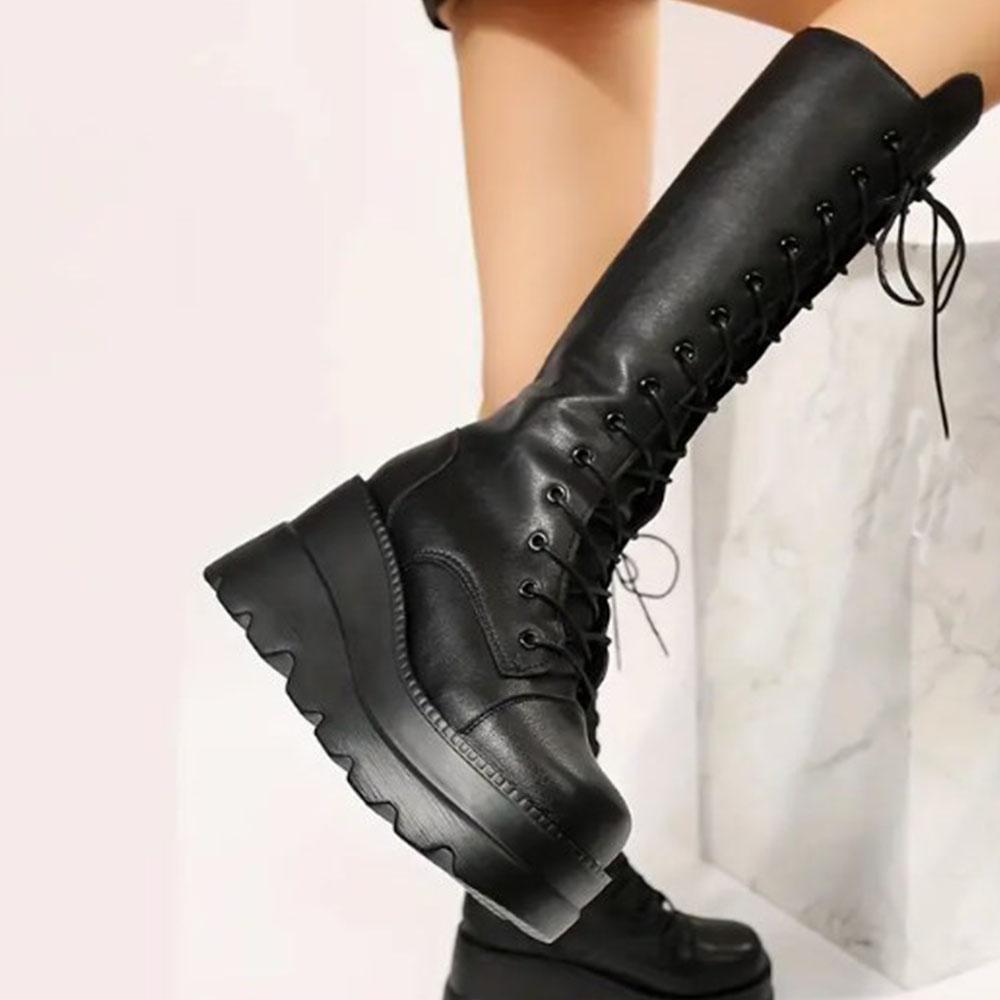 Men Women Formal Boots LaceUp RoundToe New Black Doratasia Gothic Fashion Round Toe Side Zipper Lace Mid Calf Ins Christmas Street Party Shoes Woman