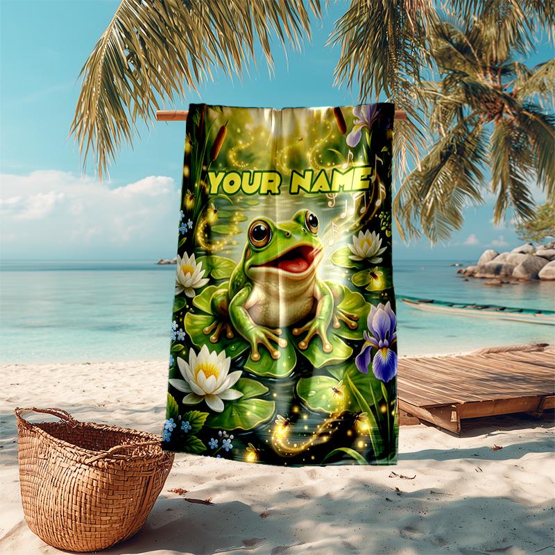 1PC Custom Name Frog Pond Beach Towel Highly Absorbent And Sand-Resistant Towel for Swimming, Pool, Yoga, And Travel Lightweight