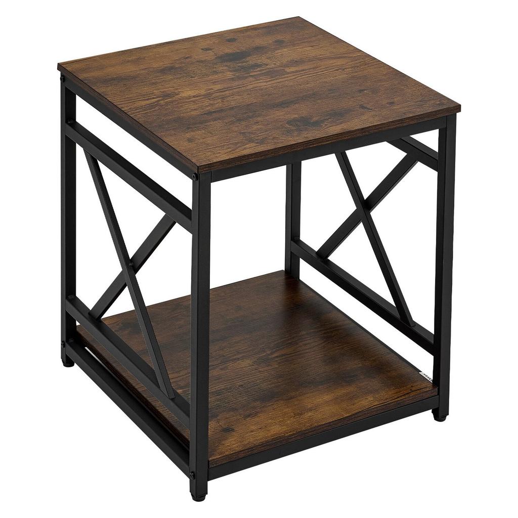 End Table, 2-Tier Square Side Table with Open Storage Shelves, Modern Nightstand Bedside Desk with X-Design Metal Frame, Wood Sofa Coffee Desk for