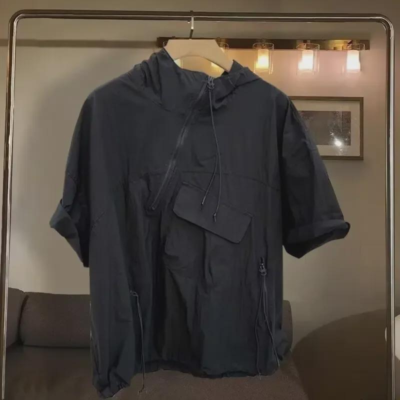 Trendy sommer-hettegenser for menn i ensfarget glidelås med lommedesign – kortermet T-skjorte med løs passform