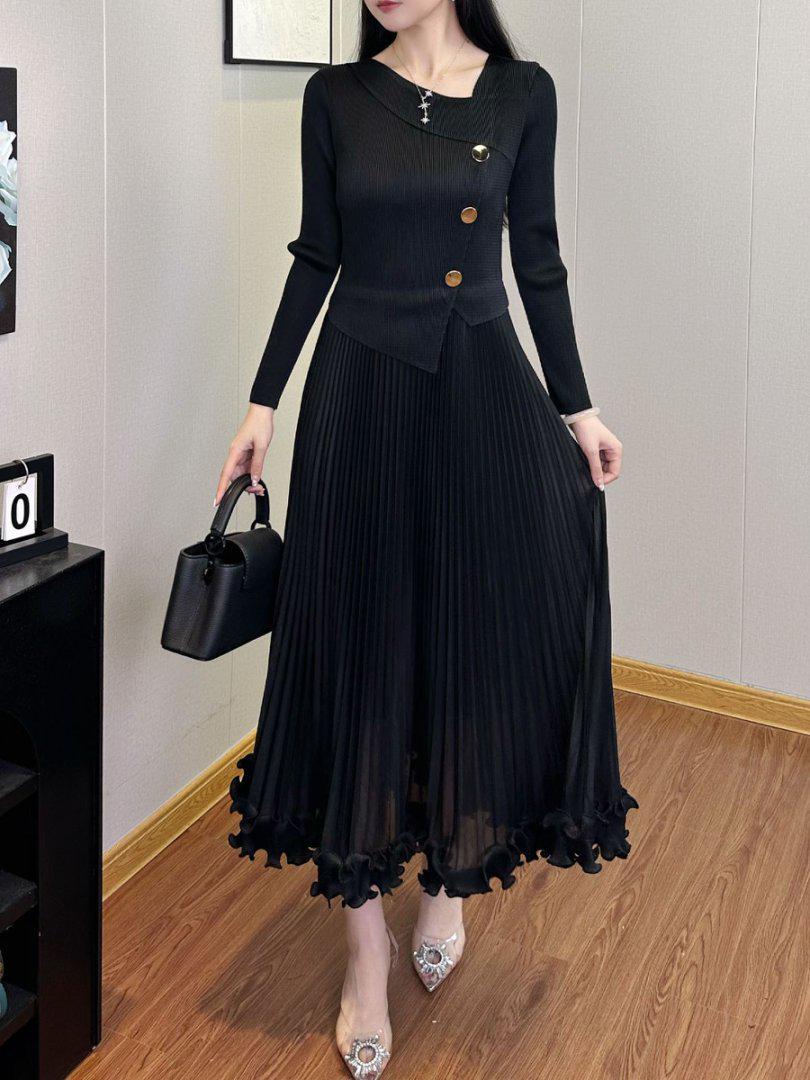 Chic Autumn/Winter Slimming Ruffle-Trimmed French Long-Sleeve Socialite Dress One Size