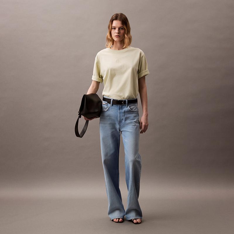 Calvin Klein Trendy Casual Layered Letter Loose Cotton Short Sleeve T-Shirt Women T-Shirts Seafoam-Green 47AB818
