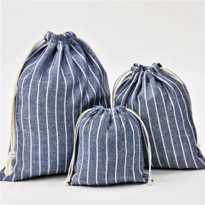 3pcs/set Stripe Cosmetic Drawstring Makeup Bag Travel Organizer Storage Pouch Cotton Blue Red Brown Line Jewelry Party Bags
