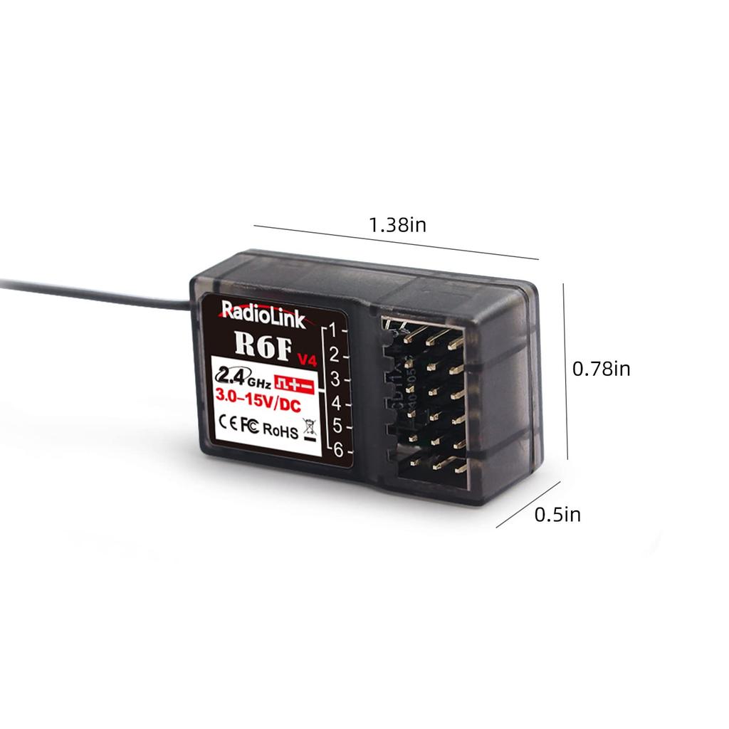 Radiolink R6F 6-Channel 2.4GHz RC Receiver with Voltage Telemetry, 400M Long-Range Control, for RC Crawlers, Drift Cars, and Boats, Compatible with