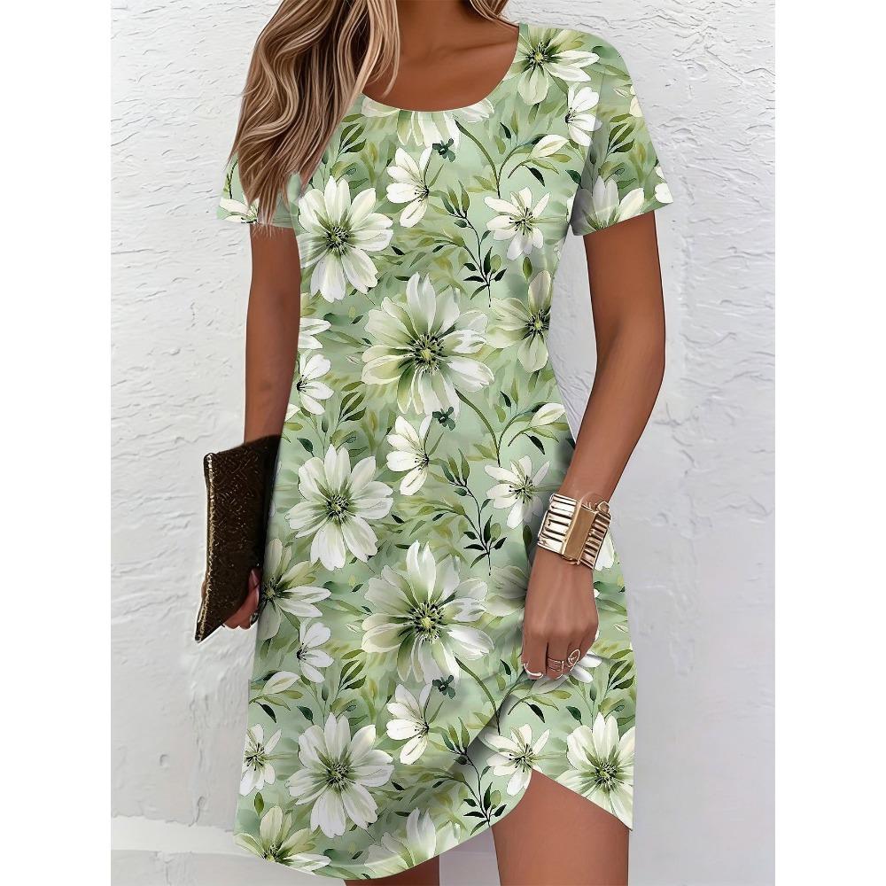 Modisches Sommer Damen Plus Size Kurzarm T-Shirt Kleid Bequem Atmungsaktiv Rundhals 3D Retro Blumenmuster Urlaubs-Partykleid