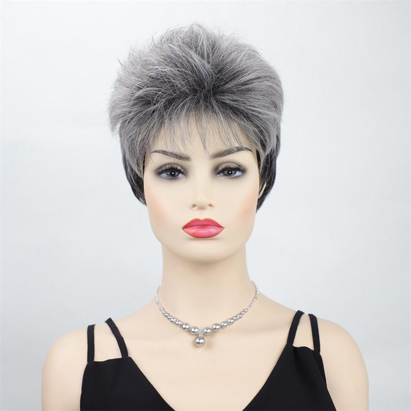 Synthetic Mixed Old Woman Wig Ombre Short Wave Hair Natural Layered Grandmother Wigs with Bangs Cosplay Costume