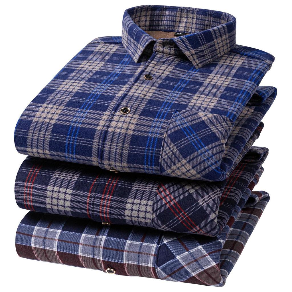 Thickened Long Sleeve Men's Shirt Winter Warm Elastic Fleece Lined One Piece Velvet Plaid Dad Clothes Middle Age Shirt