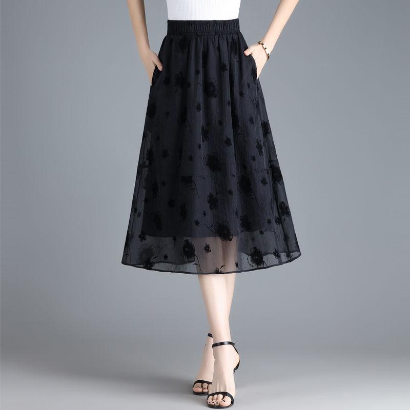 Sommer organza midiskjørt for kvinner Nytt stilig trykt stort svingeskjørt Høyt midje hengende garnskjørt