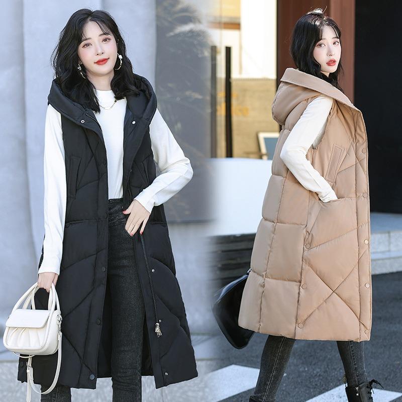Long over-knee down cotton vest women's hooded casual vest outside loose vest warm vest jacket