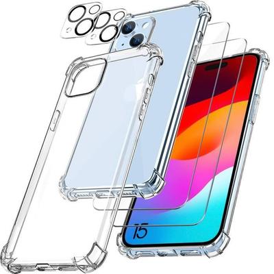 Silicone Case for iPhone 15 Shockproof + 2 Tempered Glass Screen Protectors and 2 Rear Camera Protectors