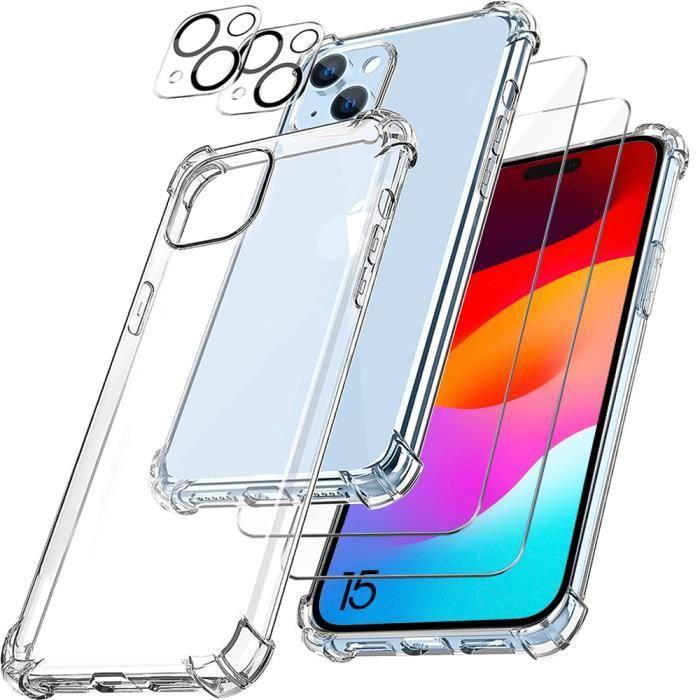 Coque Silicone pour iPhone 15 Antichoc + 2 Vitres Verre Trempé et 2 Protections Caméra Arrière