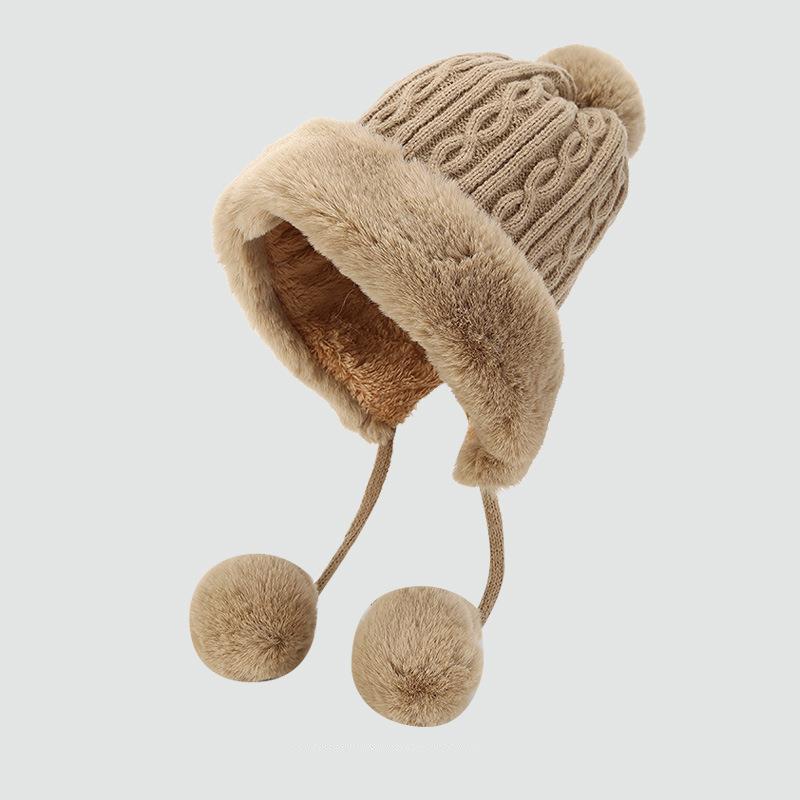 Wool hat women s winter versatile plush ball knitted hat autumn and winter thickened warm plush ear protectors One Size верблюд