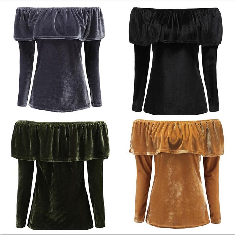 

Сексуальный бархат без бретелек Нижняя блузка Футболка Женщины с длинным рукавом с плеча Топы