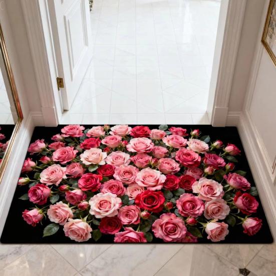 Roses Bathroom Rug Super Absorbent Diatomaceous Earth Bath Mat Non-Slip Door Mat Floral Floor Mat for Kitchen Entrance Shower