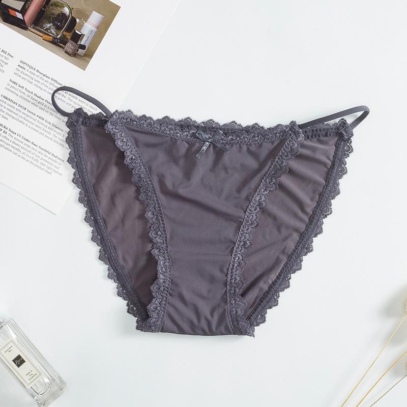

Нижнее белье из ледяного шелка, женские бикини в Европе и Америке, с низкой талией, сексуальные кружевные трусы с галстуком-бабочкой, большие размеры, женское нижнее белье XL темно серый