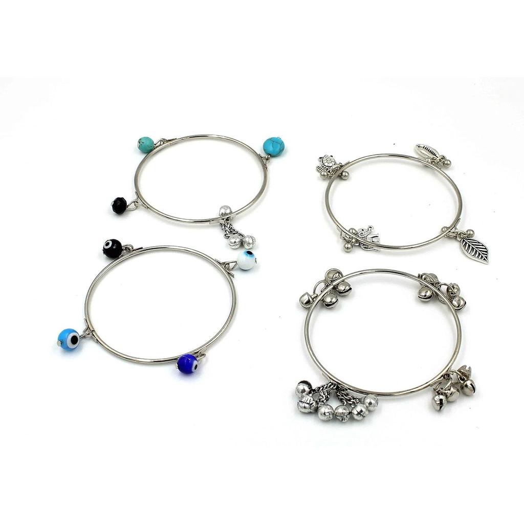GURJARI JEWELLERS Womens Oxidised 4 Bangles with Turquoise,Evileye,Gungru Beads Charm Bangles Set