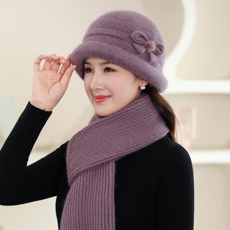 Fleece Warm Knitted Rabbit Fur Hat Women Autumn and Winter Cold Gloves Scarf Basin Hat Tide Elderly