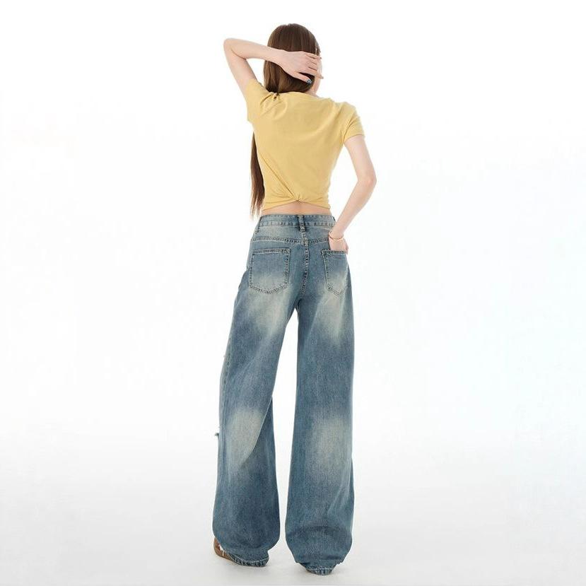 Comfortable Broken Hole Washed Wide-legged Jeans Women's Autumn Loose High Waist Thin Straight Dragging Long Trousers Jeans for Women Long Denim Pants