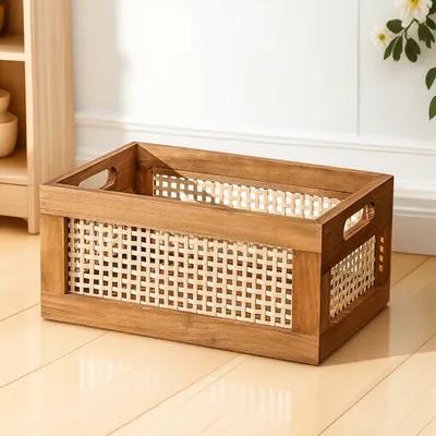 Wooden Woven Storage Basket Handmade Bamboo Desktop Box for Cosmetics Snacks Books Small Items Organizer Decorative