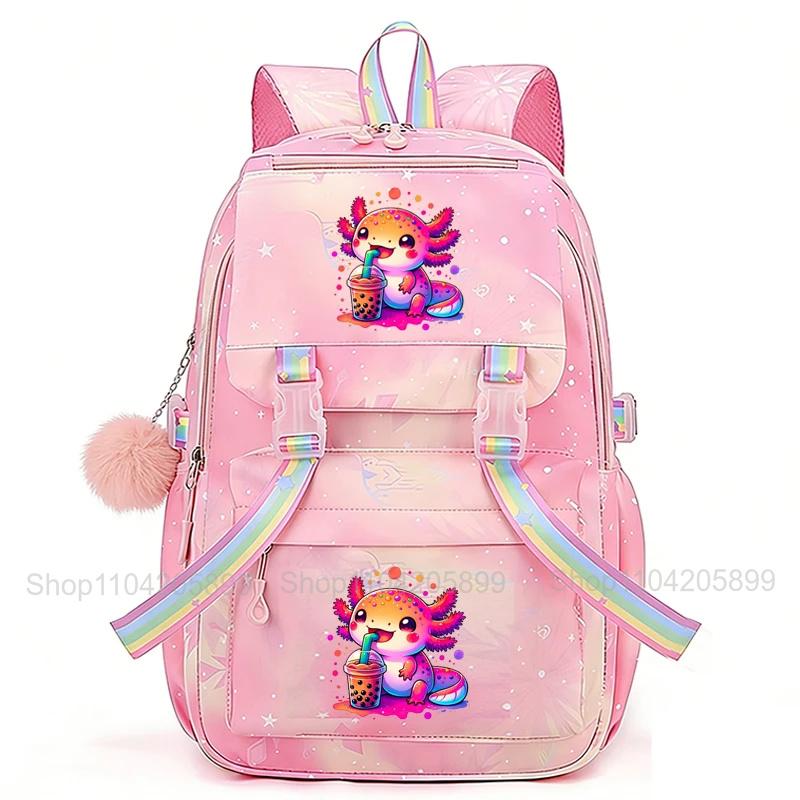 Zaino Boba Axolotl Arcobaleno Carino Cartone Animato Mochi Zaino Scolastico per Ragazze Zaino Giornaliero Casual Grande Leggero Zaino per Libri