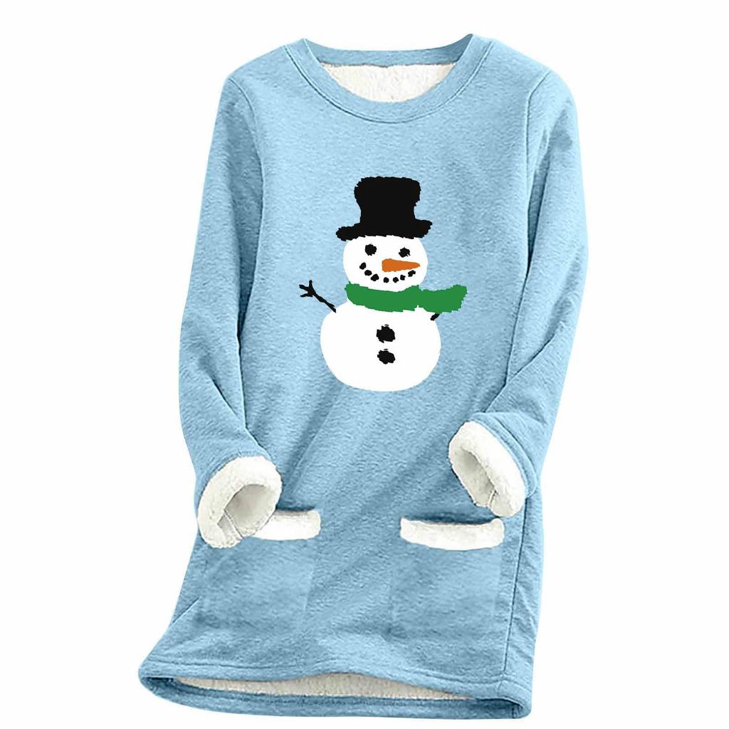 Ladies' Loose And Comfortable Round Neck Christmas Print Thick With Pockets Long Sleeved Top