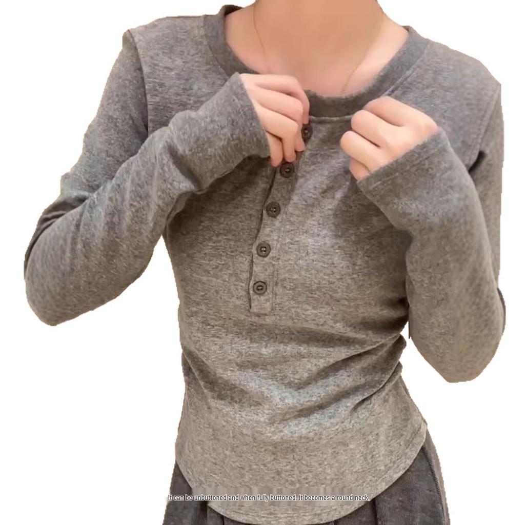 De Rong Women's Plus Velvet Cotton Slim-fit Pleated Top - Heat-generating, Brushed, and Constant Temperature Base Layer for Autumn/Winter.